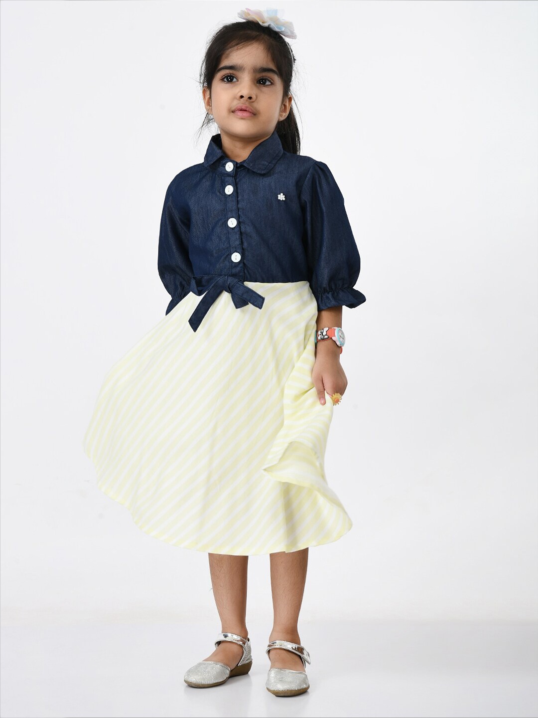 

Bella Moda Girls Yellow & Navy Blue Striped Shirt Pure Cotton Midi Dress