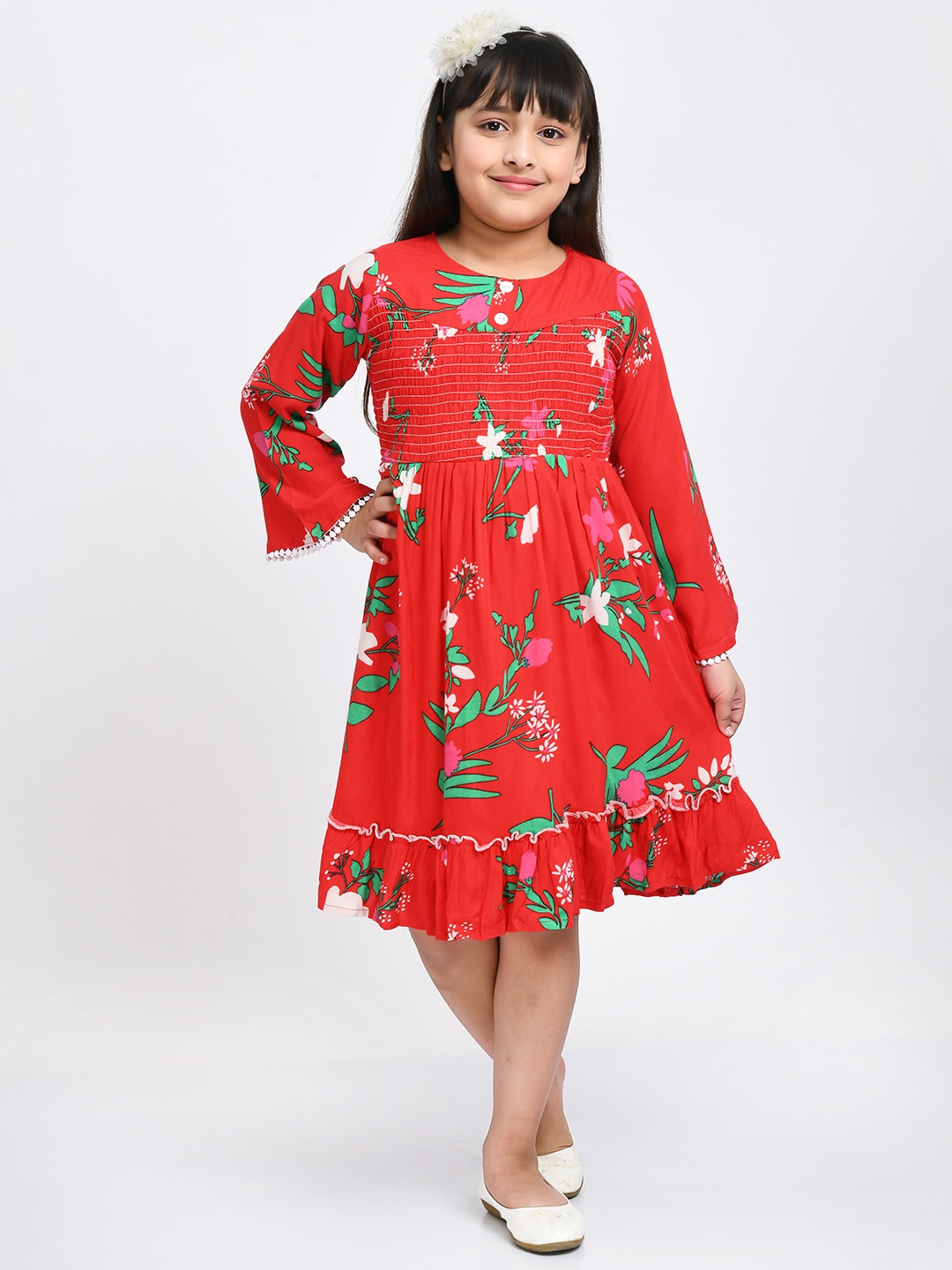 

Bella Moda Red & Green Floral Print Fit & Flare Cotton Dress