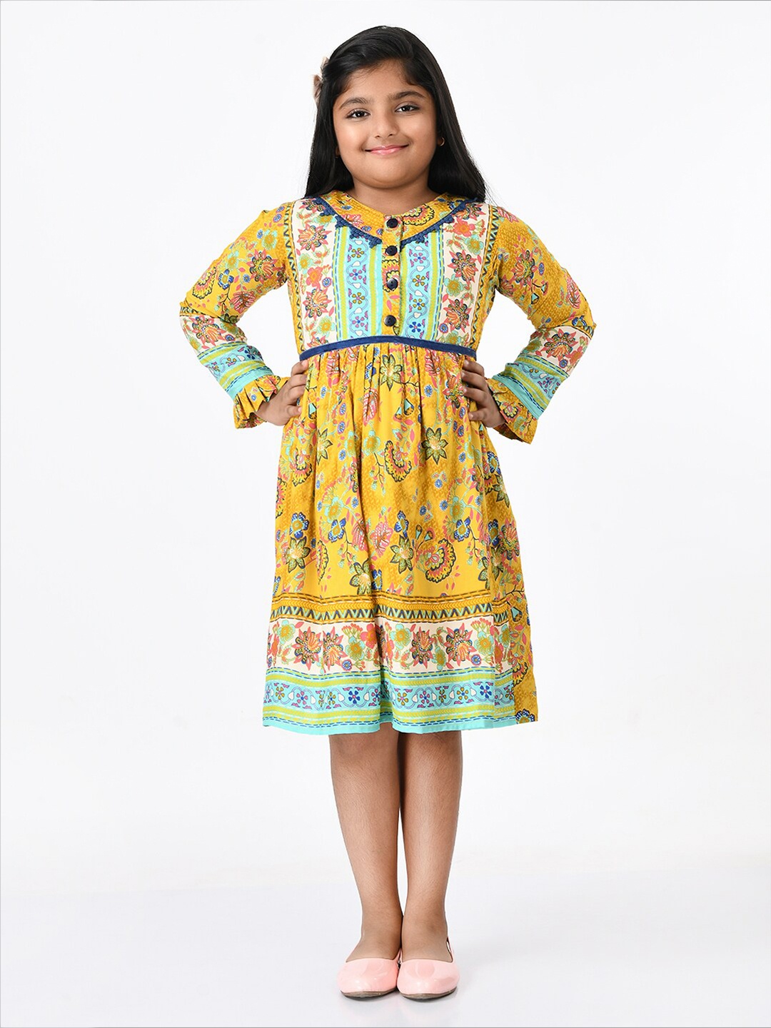

Bella Moda Girls Mustard Yellow & Turquoise Blue Ethnic Motifs Cotton Dress