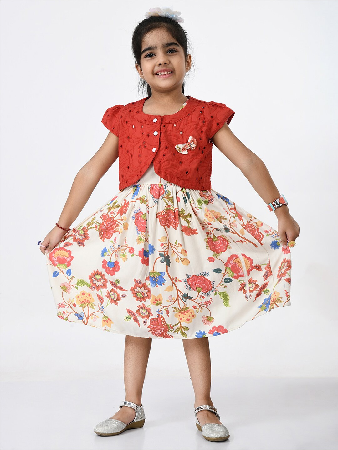 

Bella Moda Girls Off White & Red Floral Print Fit & Flare Cotton Dress