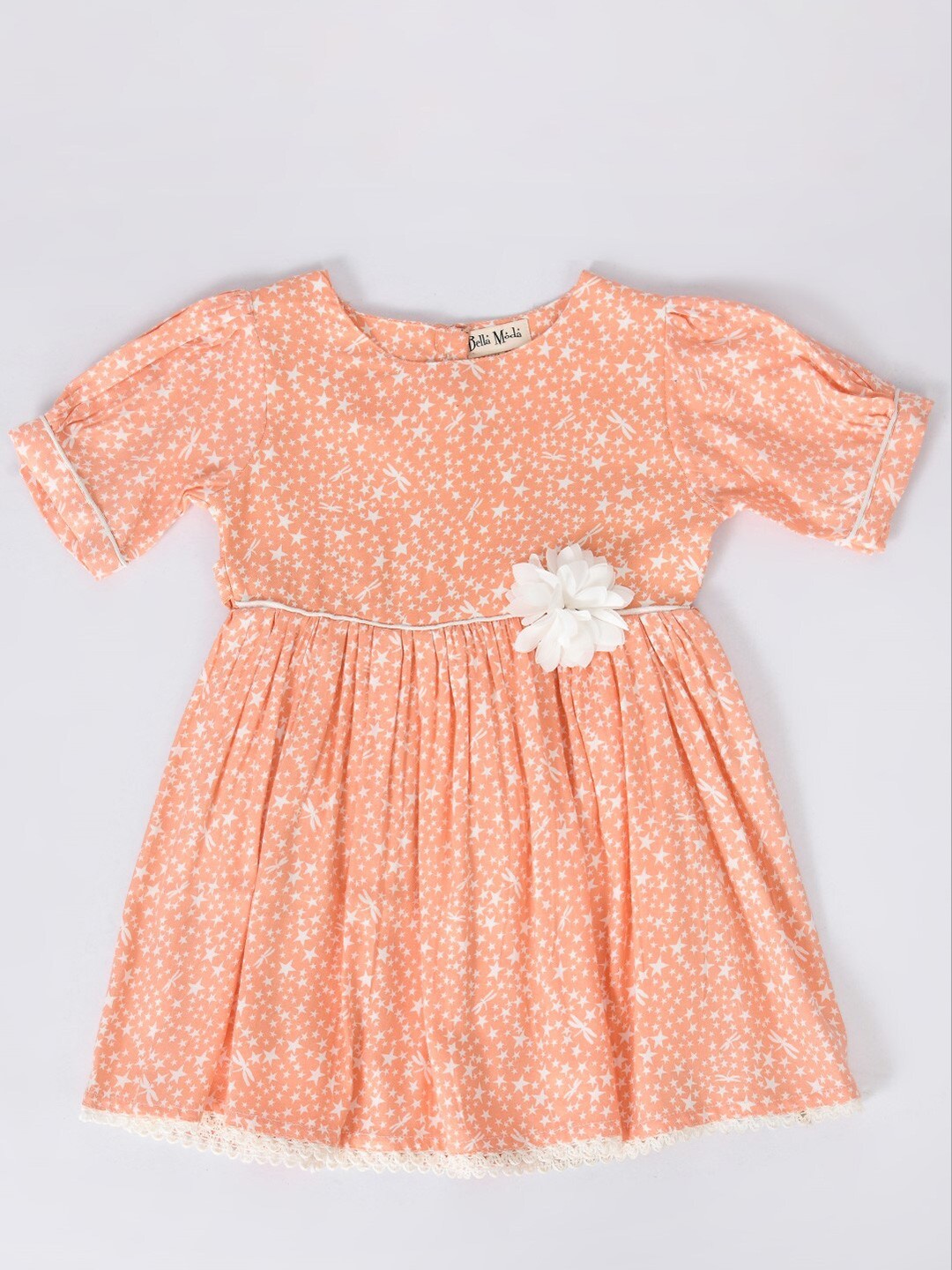 

Bella Moda Girls Peach Conversational Printed Fit & Flare Pure Cotton Dress