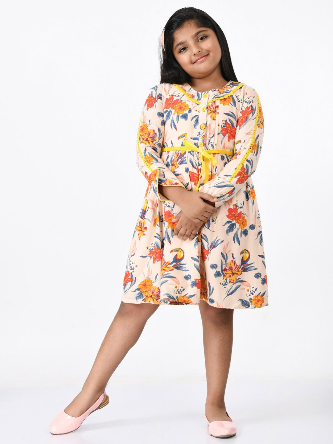 

Bella Moda Girls Pink & Yellow Floral Printed A-Line Pure Cotton Dress