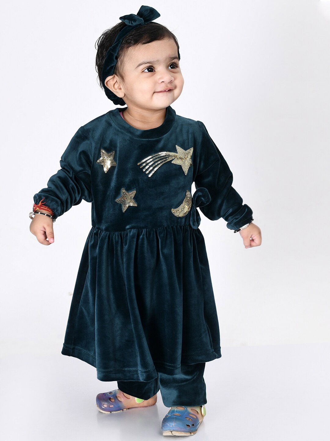 

Bella Moda Girls Teal Embellished Fit & Flare Pure Cotton Dress