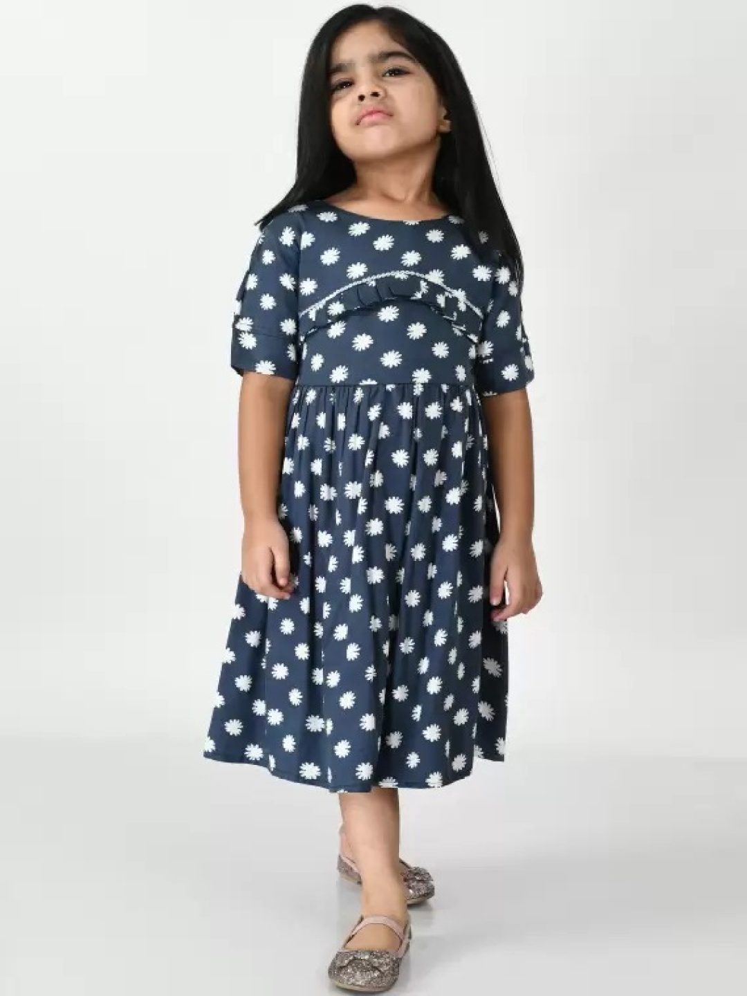 

Bella Moda Girls Blue Polka Dots Fit & Flare Pure Cotton Dress