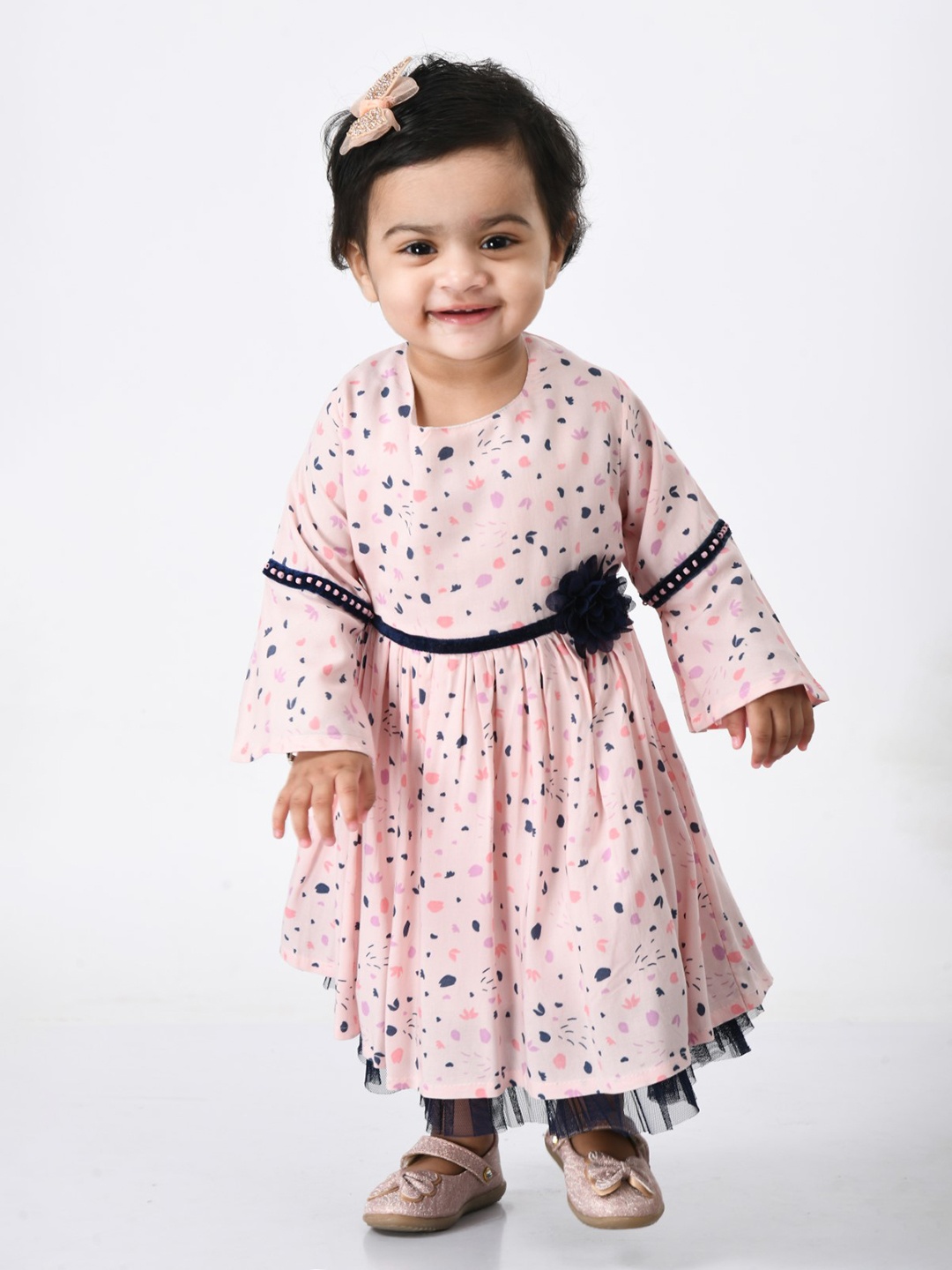 

Bella Moda Gilrs Pink Conversational Printed Fit & Flare Pure Cotton Dress