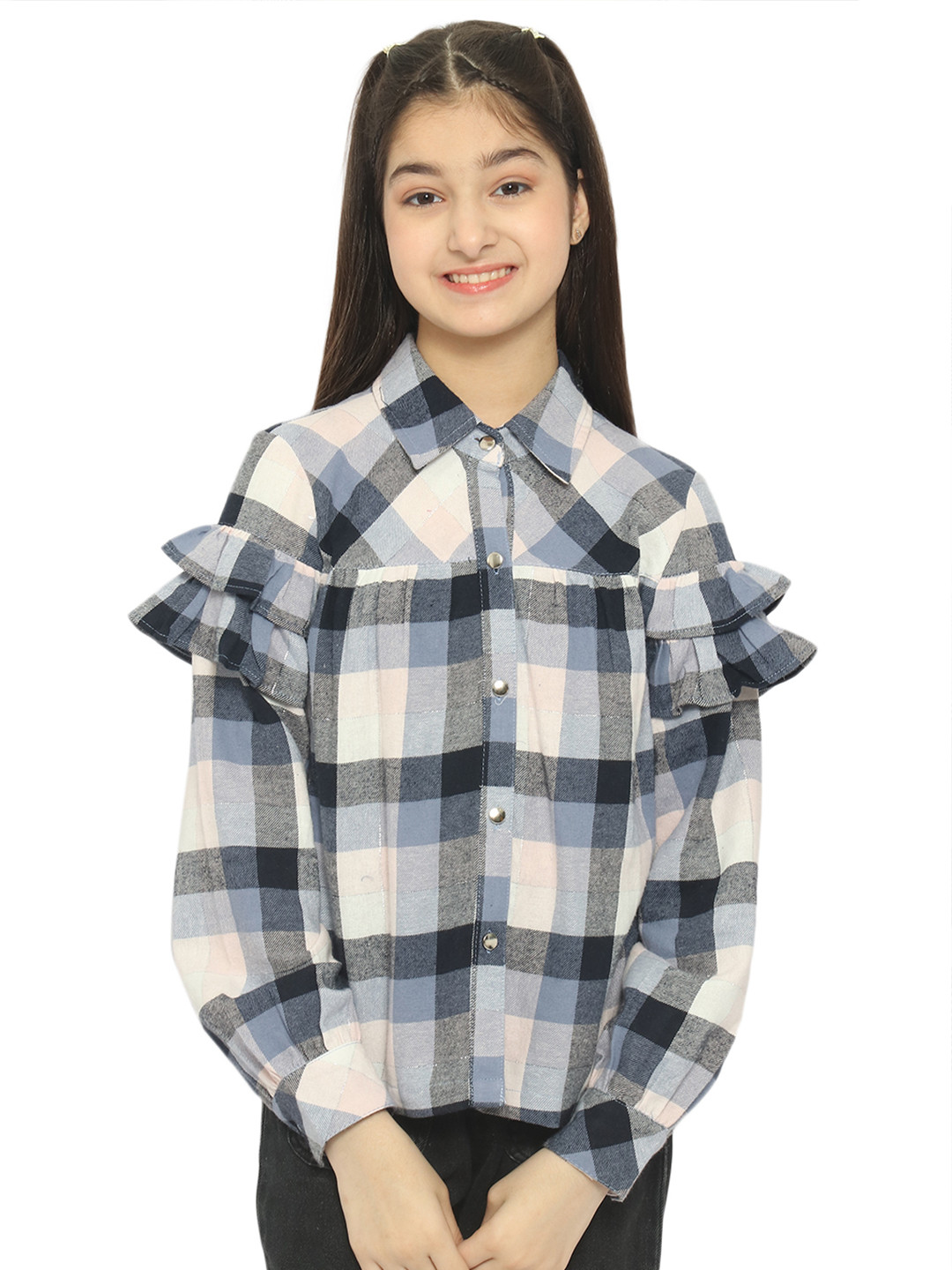 

Natilene Girls White & Grey Standard Checked Pure Cotton Casual Shirt