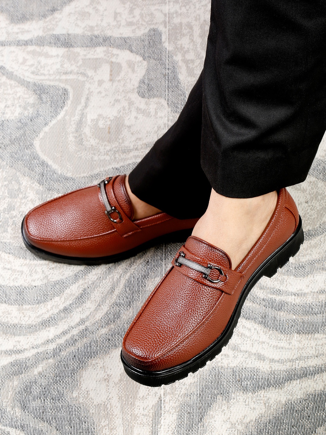 

MUTAQINOTI Men Tan Solid Formal Slip-Ons