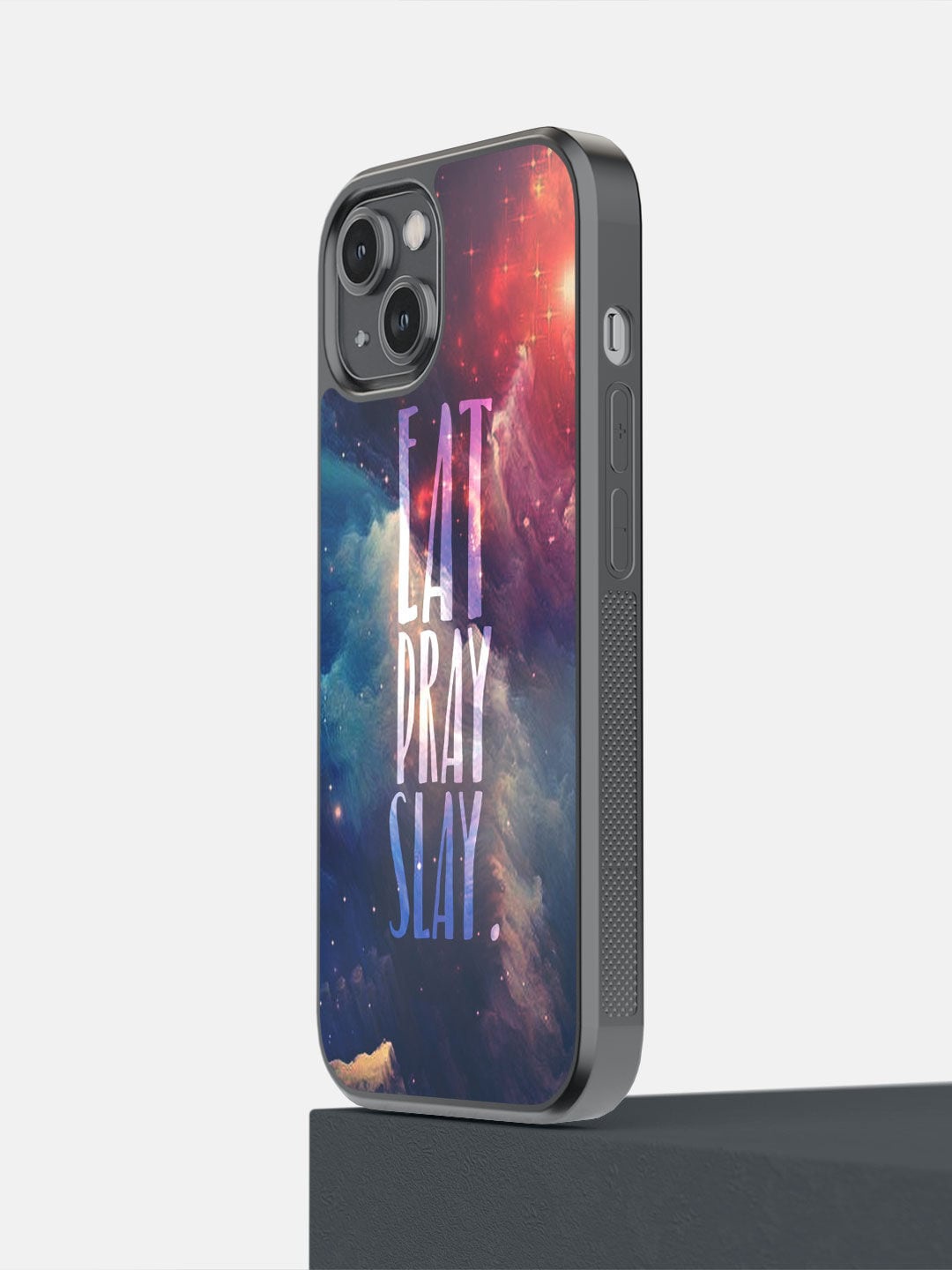 

macmerise Blue & Red Printed Eat Pray Slay Design iPhone 14 Bumper Phone Back Case