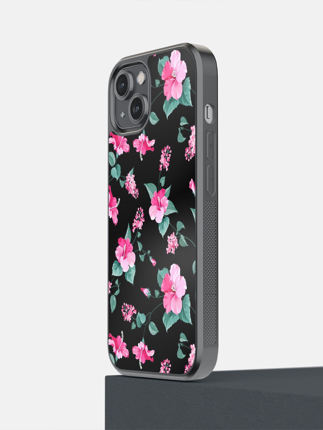 

macmerise Black & Pink Floral Printed iPhone 14 Bumper Back Case