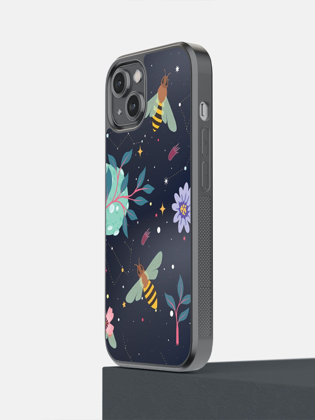 

macmerise Navy-Blue Printed Space Bees iPhone 14 Bumper Phone Back Case