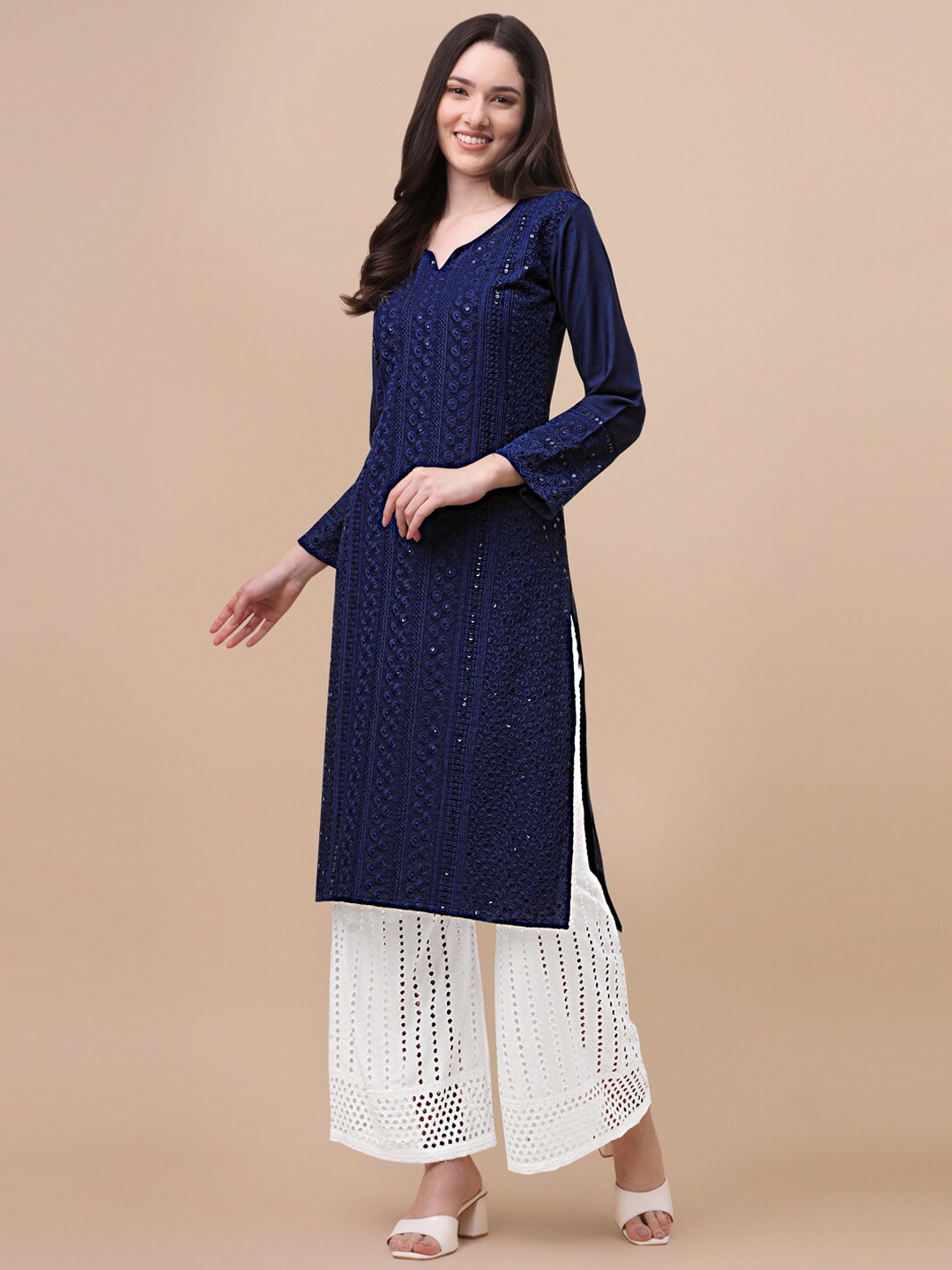 

GUFRINA Women Navy Blue Floral Embroidered Sequinned Kurta with Palazzos