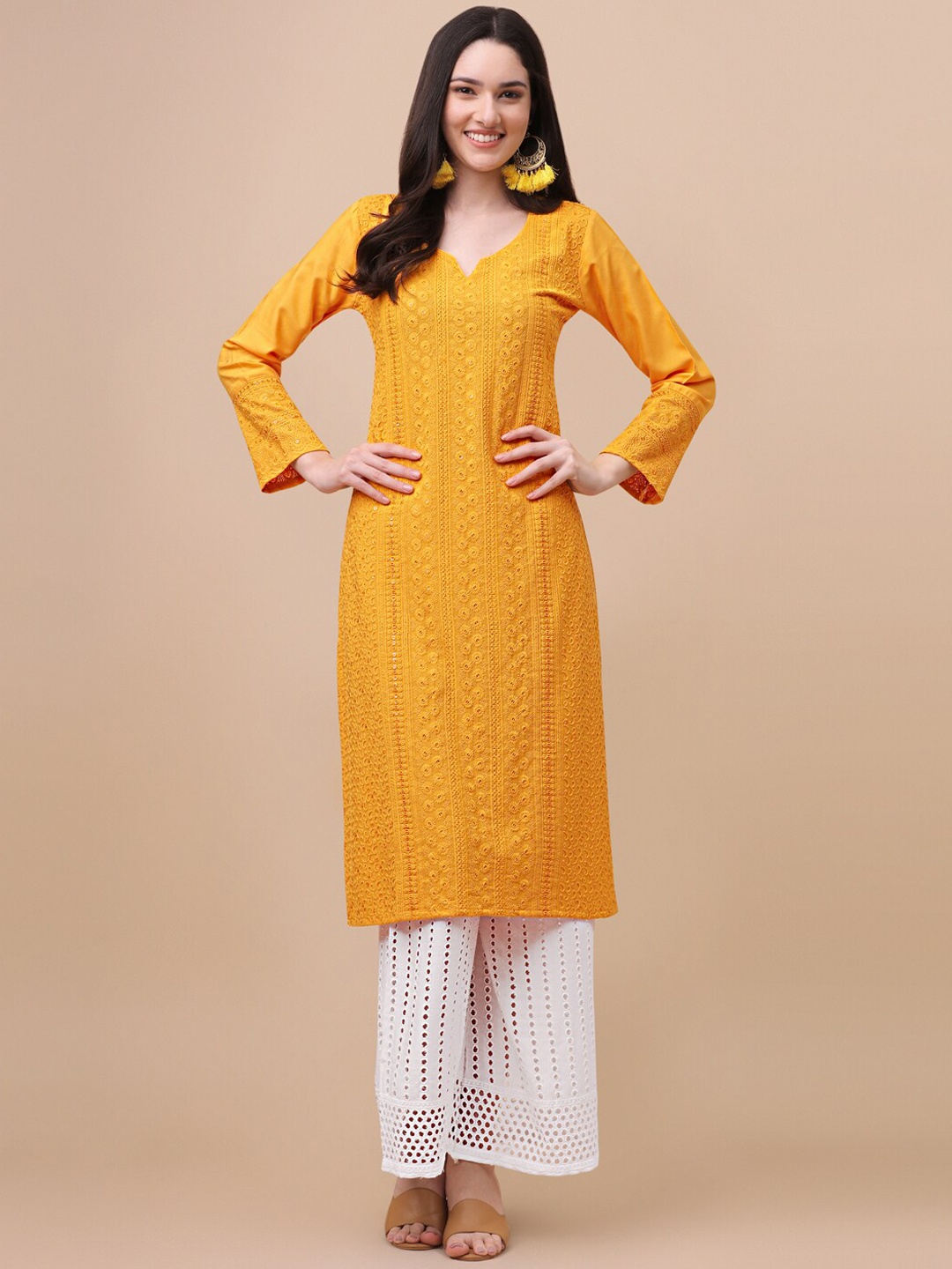 

GUFRINA Women Orange Floral Embroidered Thread Work Kurta with Palazzos