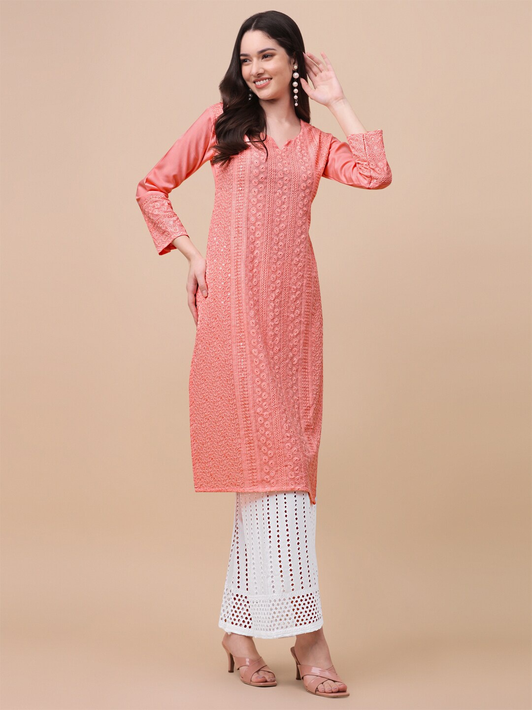 

GUFRINA Women Peach-Coloured Floral Embroidered Chikankari Kurta with Palazzos