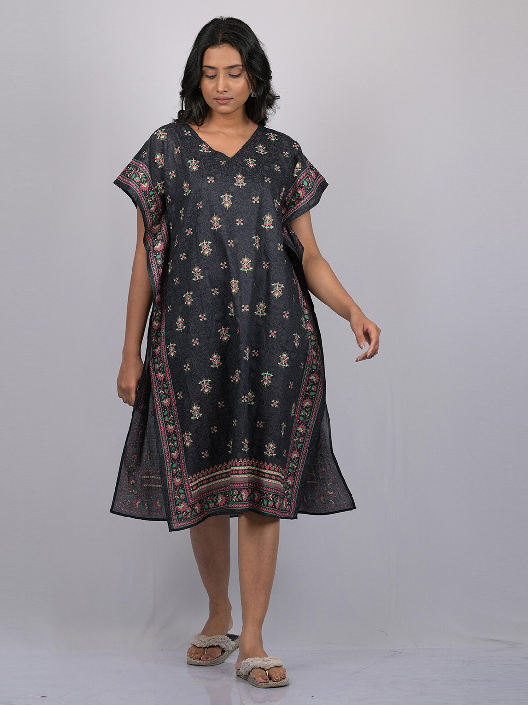 

OWO THE LABEL Women Navy Blue Ethnic Motifs Kaftan Cotton Dress