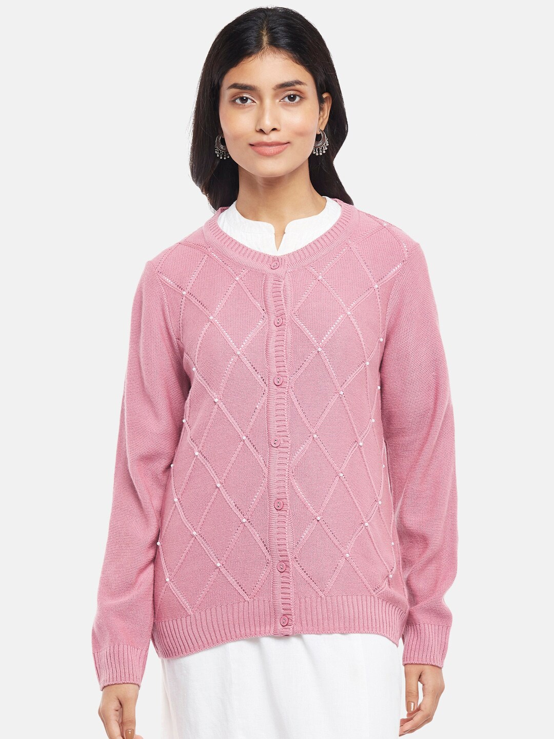 

RANGMANCH BY PANTALOONS Women Pink Open Knit Acrylic Cardigan