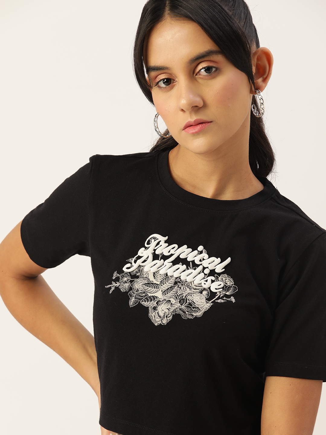 

DressBerry Black Typography Printed Crop Top