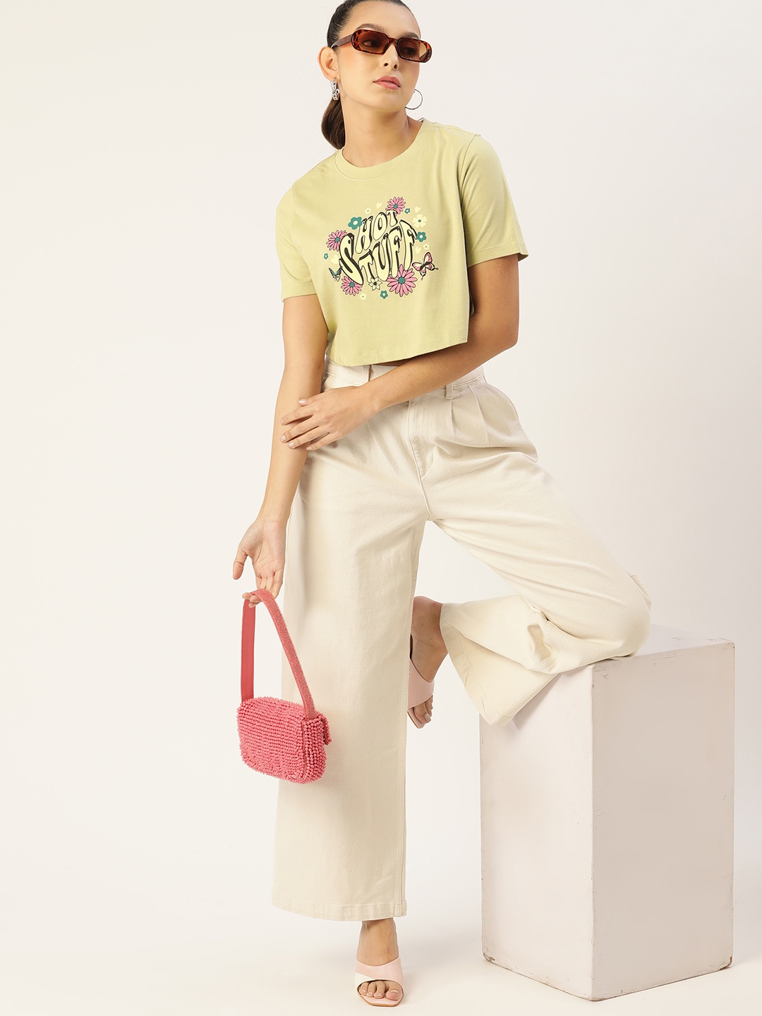 

DressBerry Olive Green Graphic Printed Crop Top