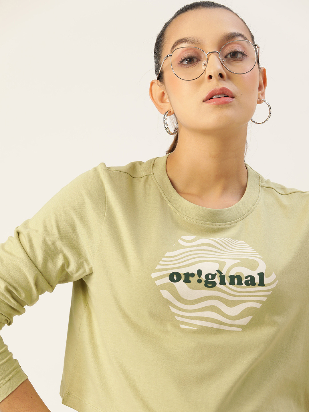 

DressBerry Olive Green Typography Printed Crop Top