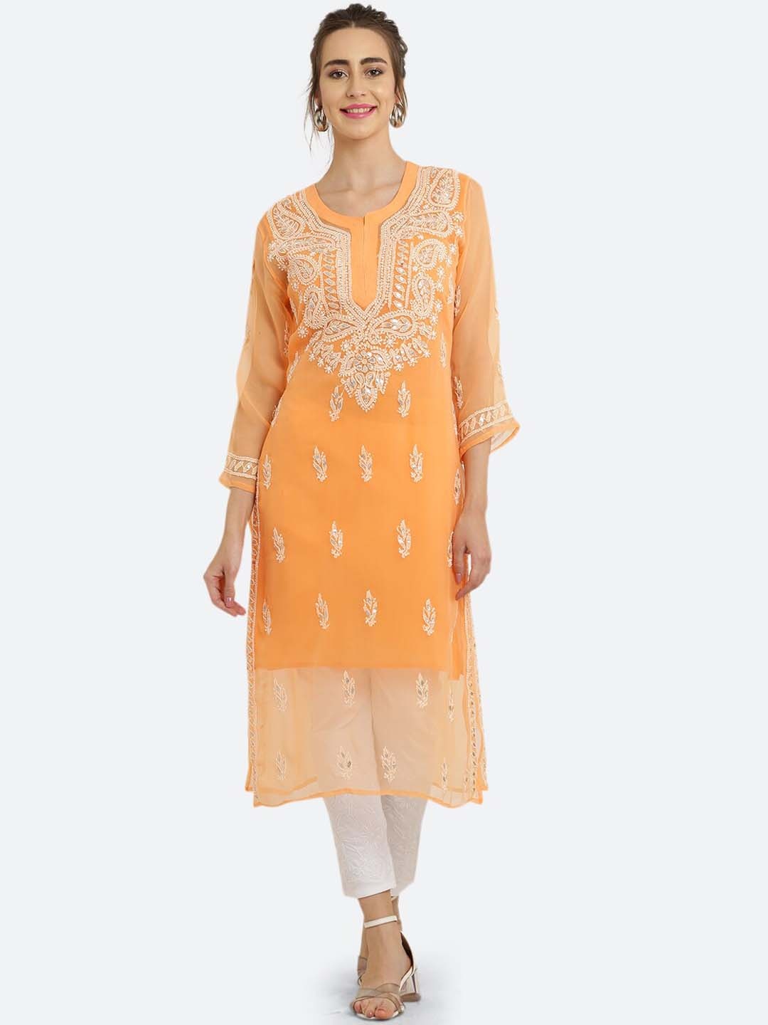 

FAWOMENT Women Orange & Off White Ethnic Motifs Embroidered Chikankari Georgette Kurta