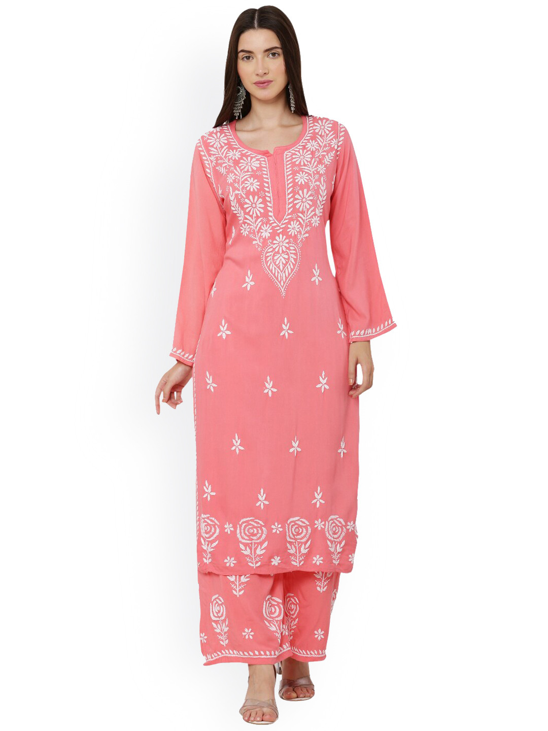 

FAWOMENT Women Peach Embroidered Chikankari Kurta with Palazzos