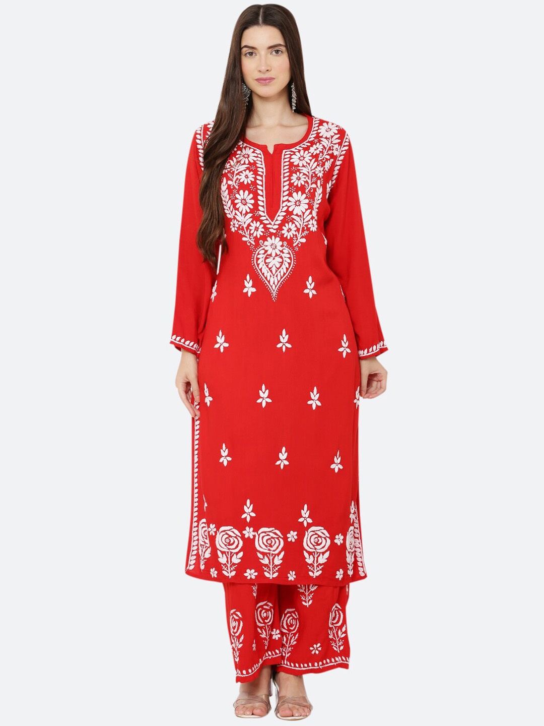 

FAWOMENT Women Red Floral Embroidered Chikankari Kurta with Palazzos