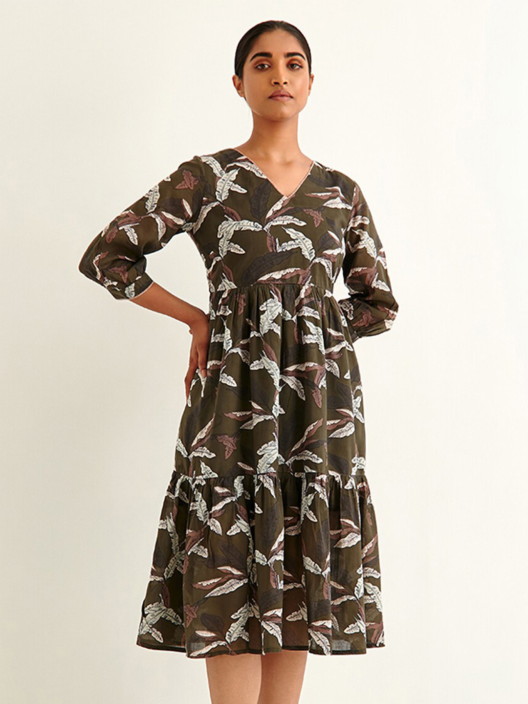 

Ancestry Olive Green Tropical Midi Dress