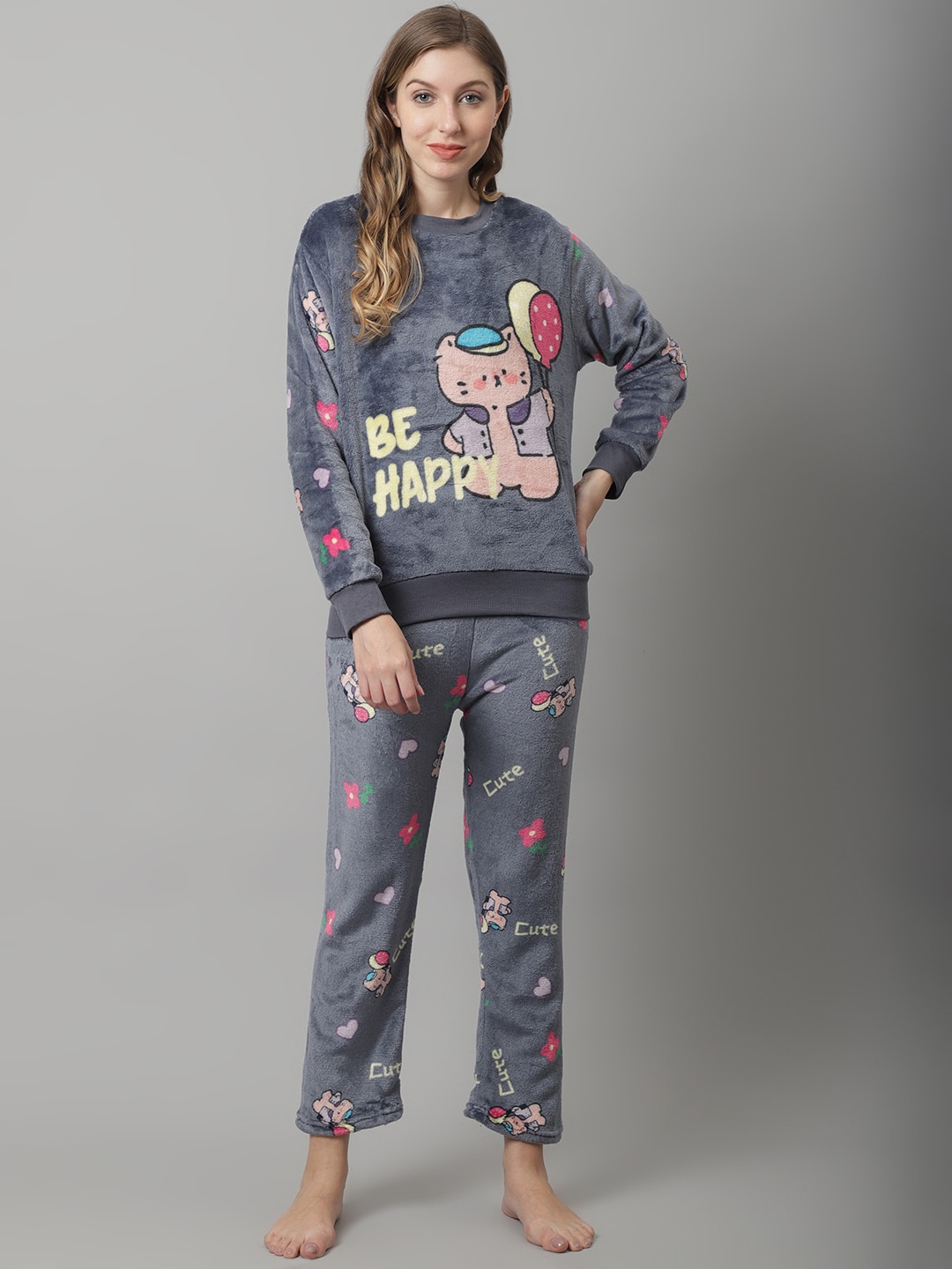 

TAG 7 Women Grey & Yellow Printed Night suit