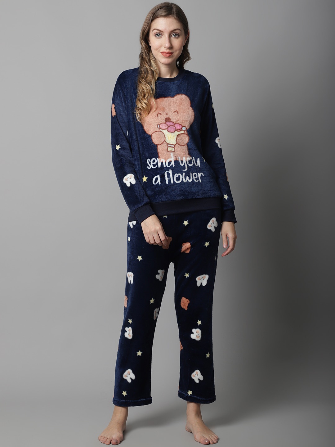 

TAG 7 Women Navy Blue & Brown Printed Night Suit