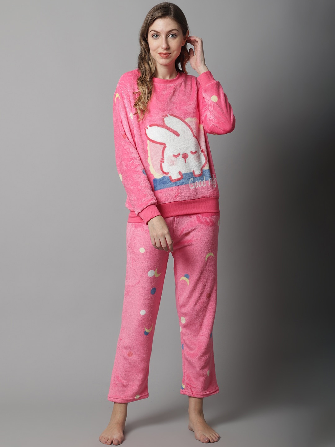 

TAG 7 Women Pink & White Graphic Printed Night suit