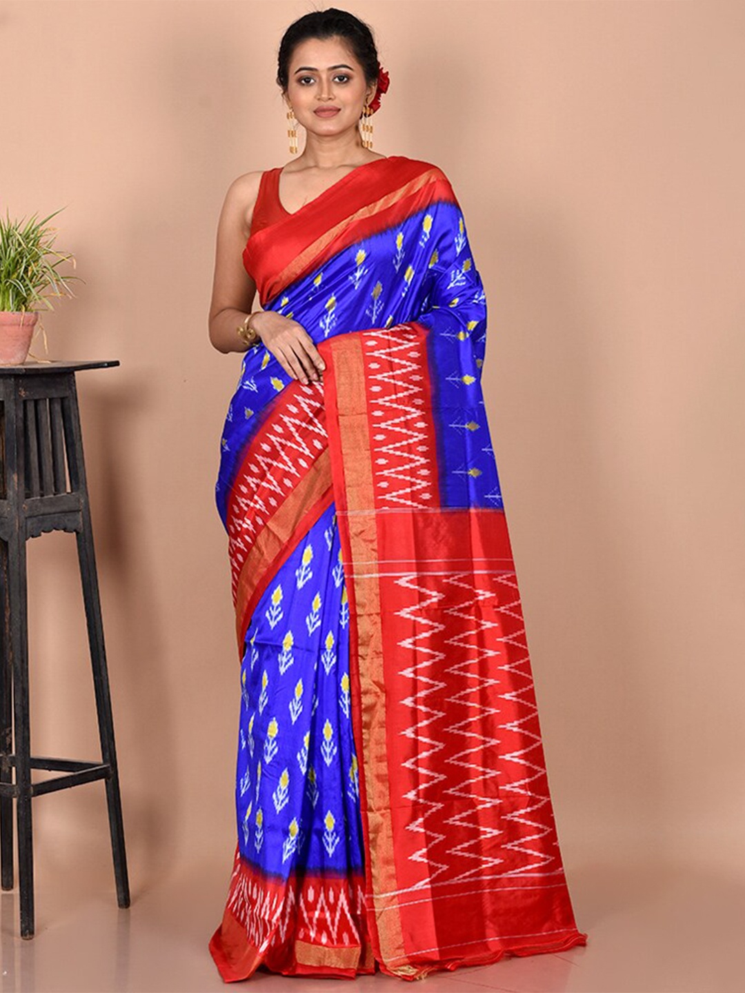 

AllSilks Blue & Red Ethnic Motifs Zari Pure Silk Pochampally Saree