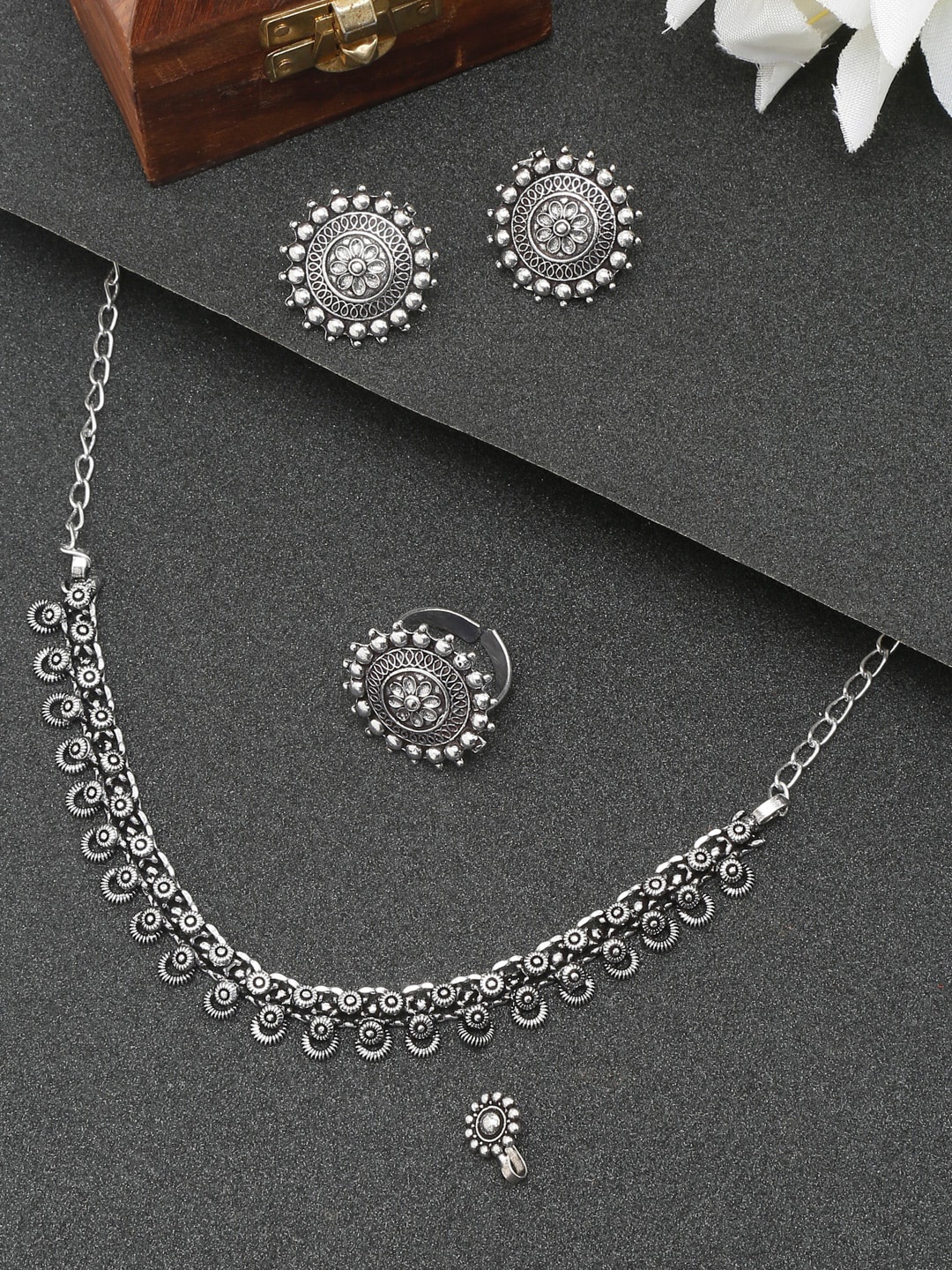 

YouBella Women Silver-Plated Oxidised Jewellery Set