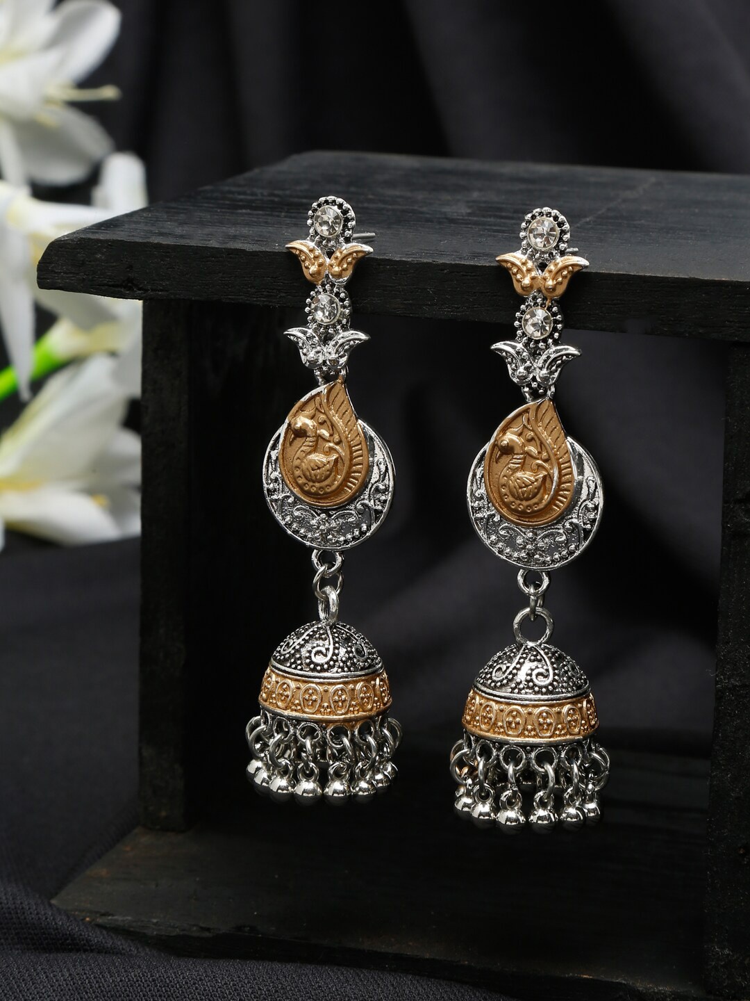 

YouBella Women Oxidixed Silver Gunmetal-Toned Dome Shaped Jhumkas Earrings, Metallic