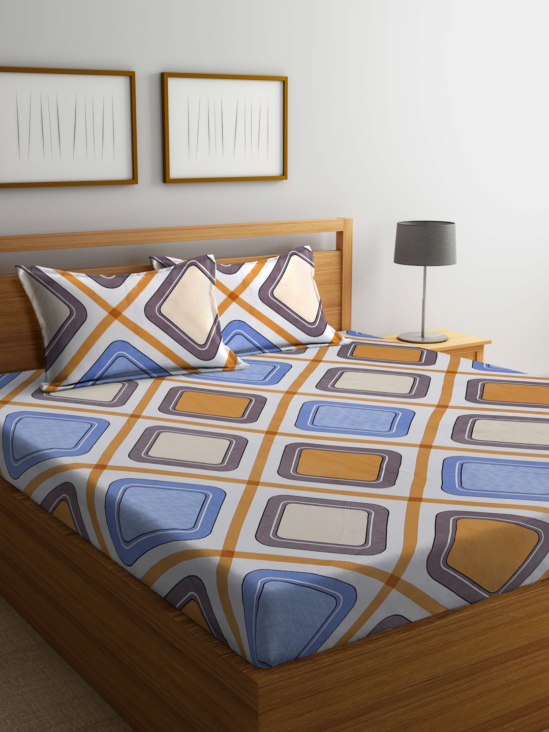 

KLOTTHE White & Blue Geometric 300 TC Fitted Super King Double Bedsheet & 2 Pillow Covers