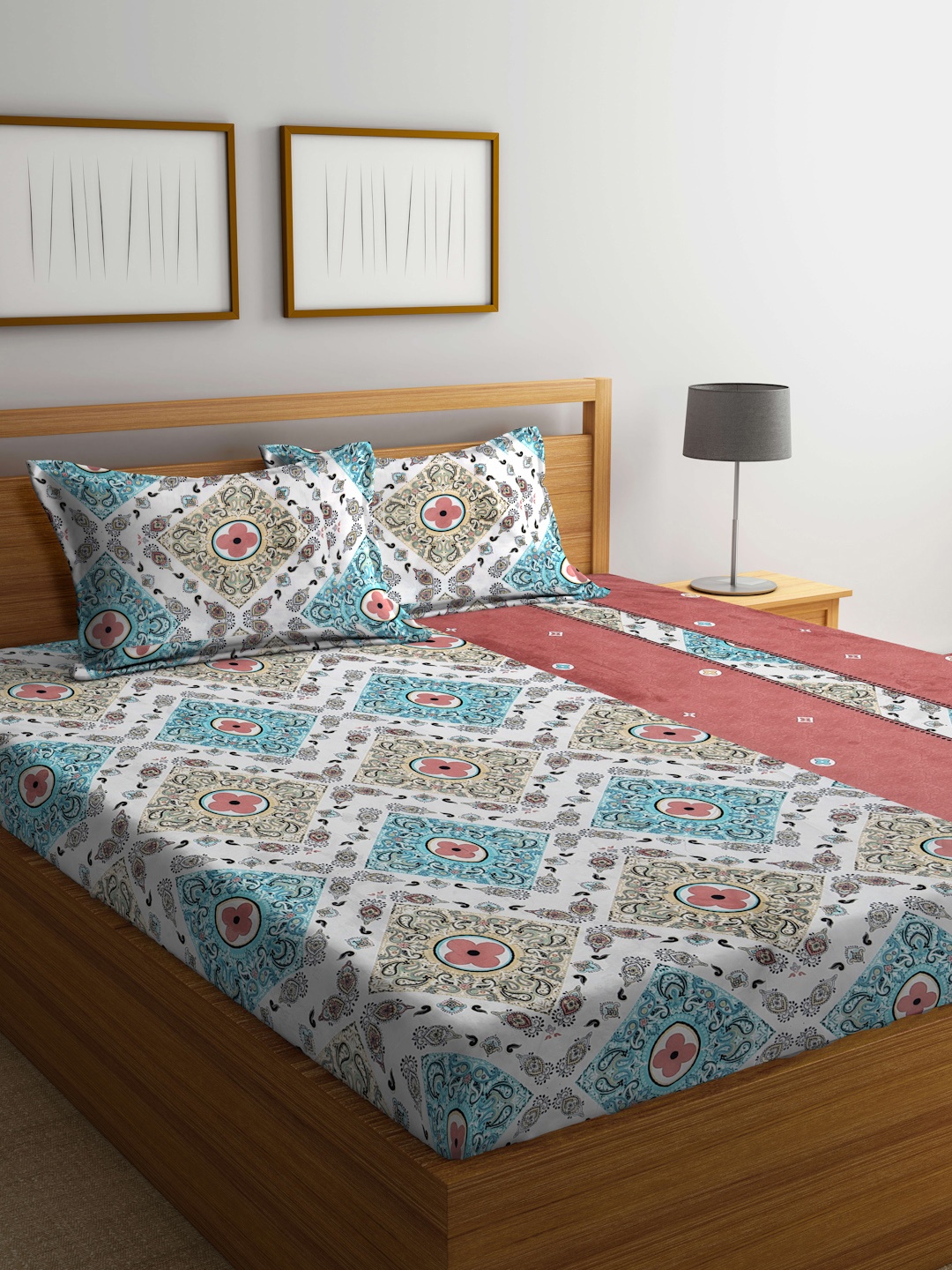 

KLOTTHE Ethnic Motifs 300 TC Fitted King Bedsheet with 2 Pillow Covers, Blue
