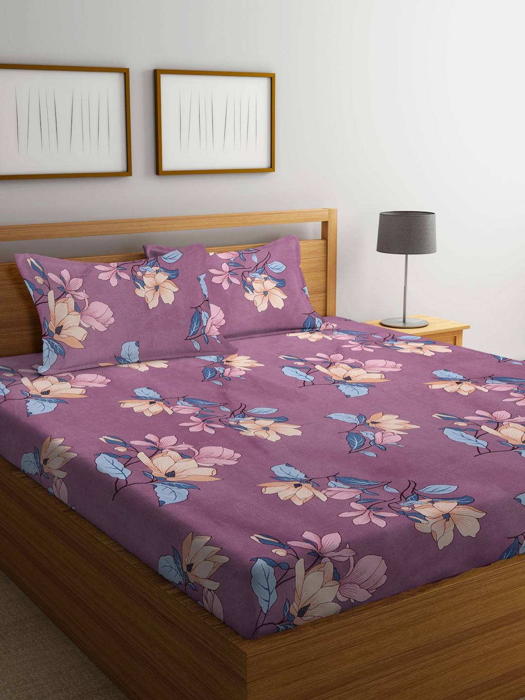 

KLOTTHE Floral 300 TC Fitted King Bedsheet with 2 Pillow Covers, Purple