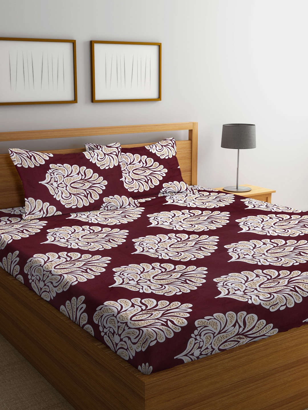 

KLOTTHE Maroon & White Floral 300 TC Fitted King Bedsheet with 2 Pillow Covers