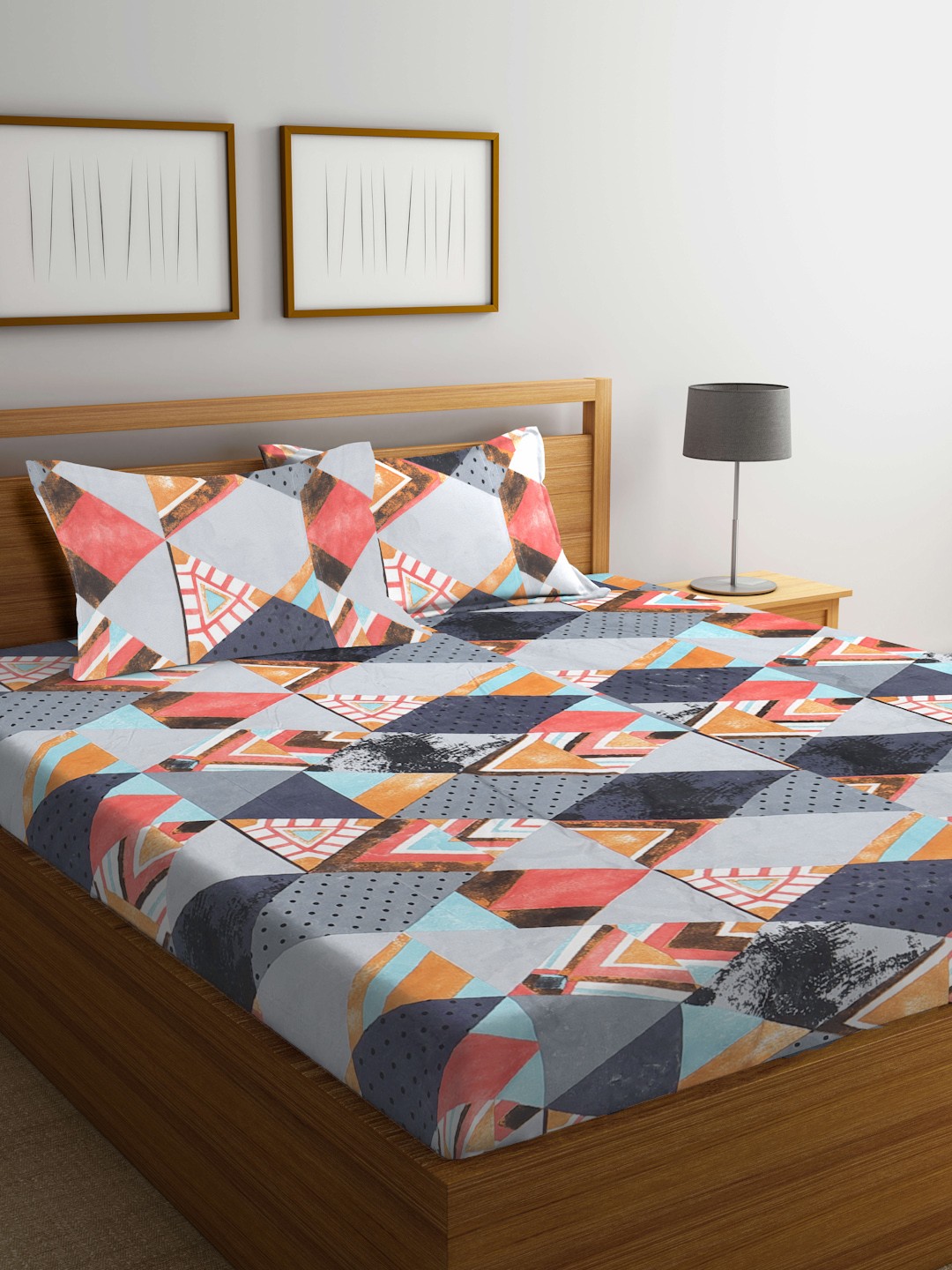 

KLOTTHE Grey & Blue Geometric 300 TC Fitted King Double Bedsheet with 2 Pillow Covers