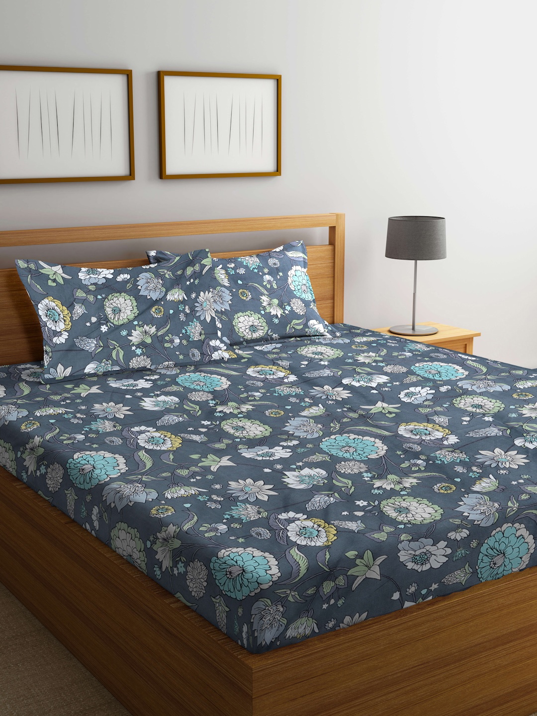 

KLOTTHE Grey & Blue Floral 300 TC Fitted Super King Double Bedsheet with 2 Pillow Covers