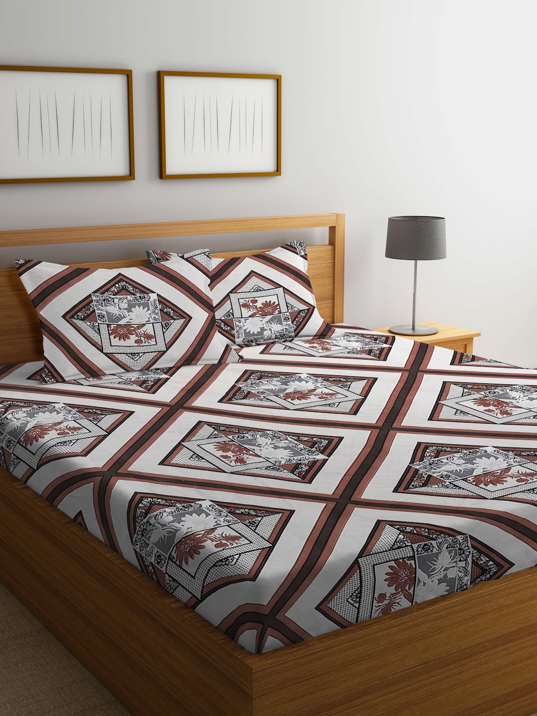 

KLOTTHE White & Grey Printed 300 TC Fitted Super King Double Bedsheet With 2 Pillow Covers