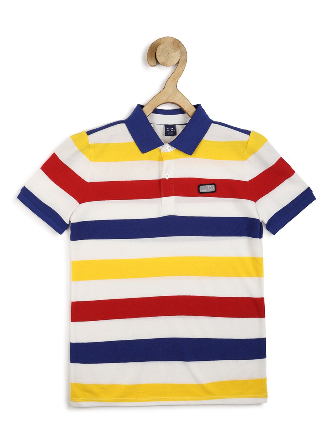 

Peter England Boys White & Blue Striped Polo Collar Cotton T-shirt