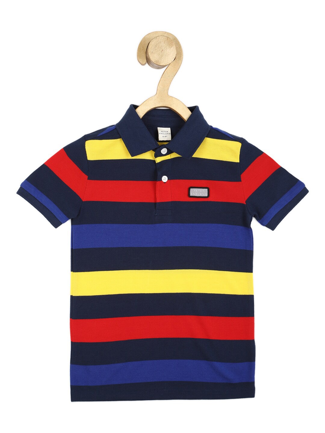 

Peter England Boys Navy Blue & Red Striped Polo Collar Cotton T-shirt