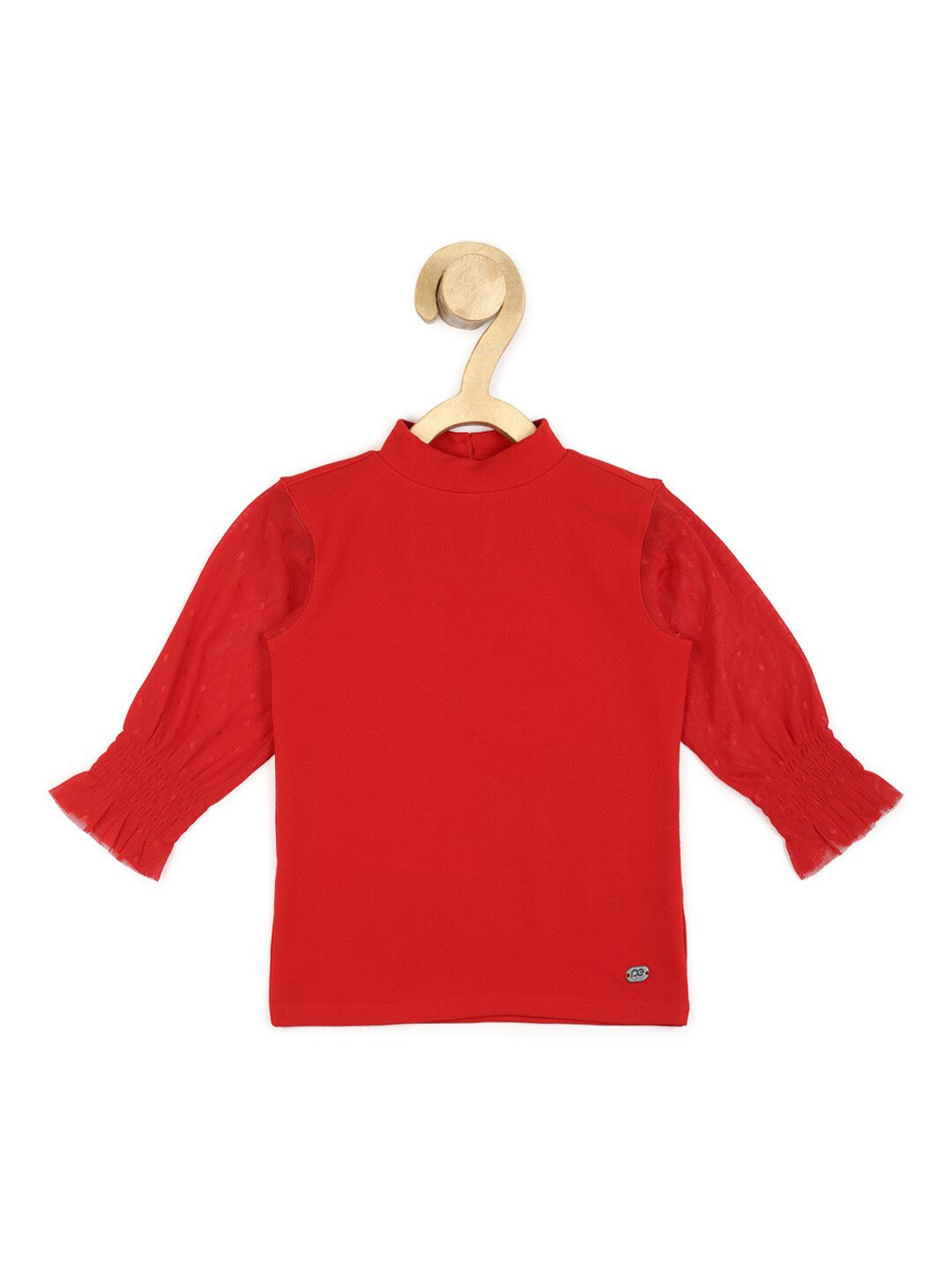 

Peter England Girls Red Mandarin Collar Puff Sleeves T-shirt