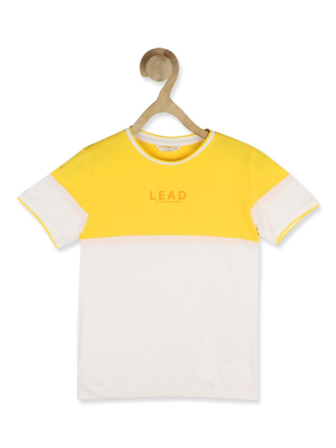 

Peter England Boys White & Yellow Colourblocked Cotton T-shirt