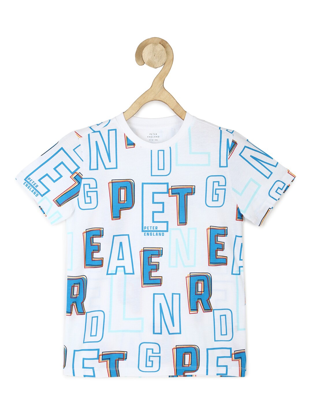 

Peter England Boys White & Blue Typography Printed Cotton T-shirt