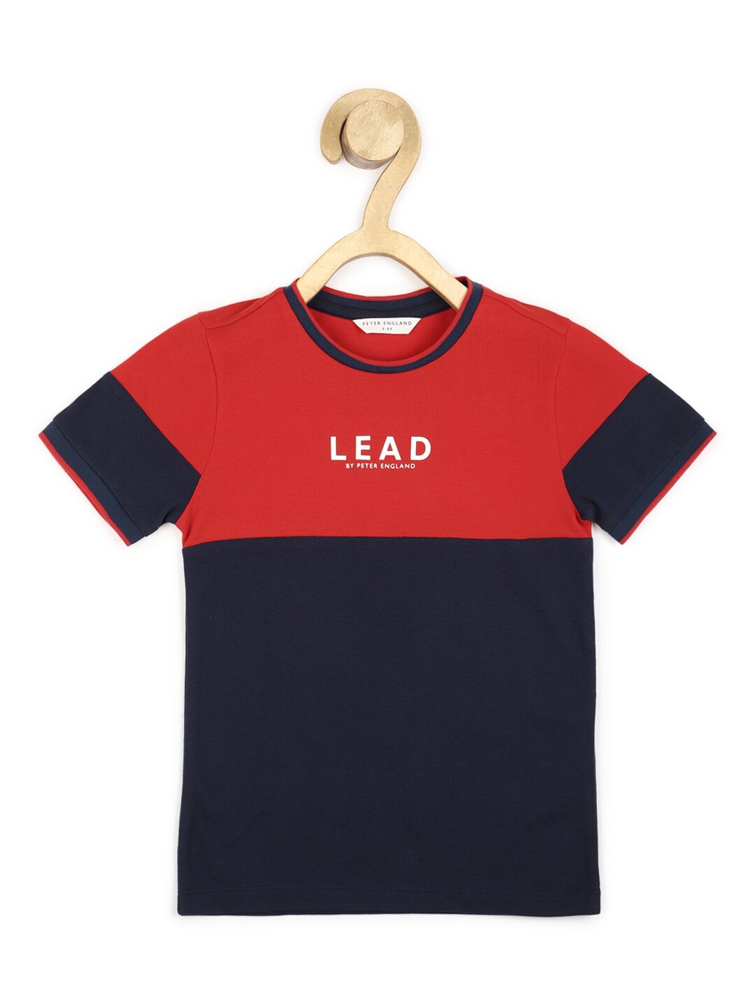 

Peter England Boys Navy Blue & Red Colourblocked T-shirt