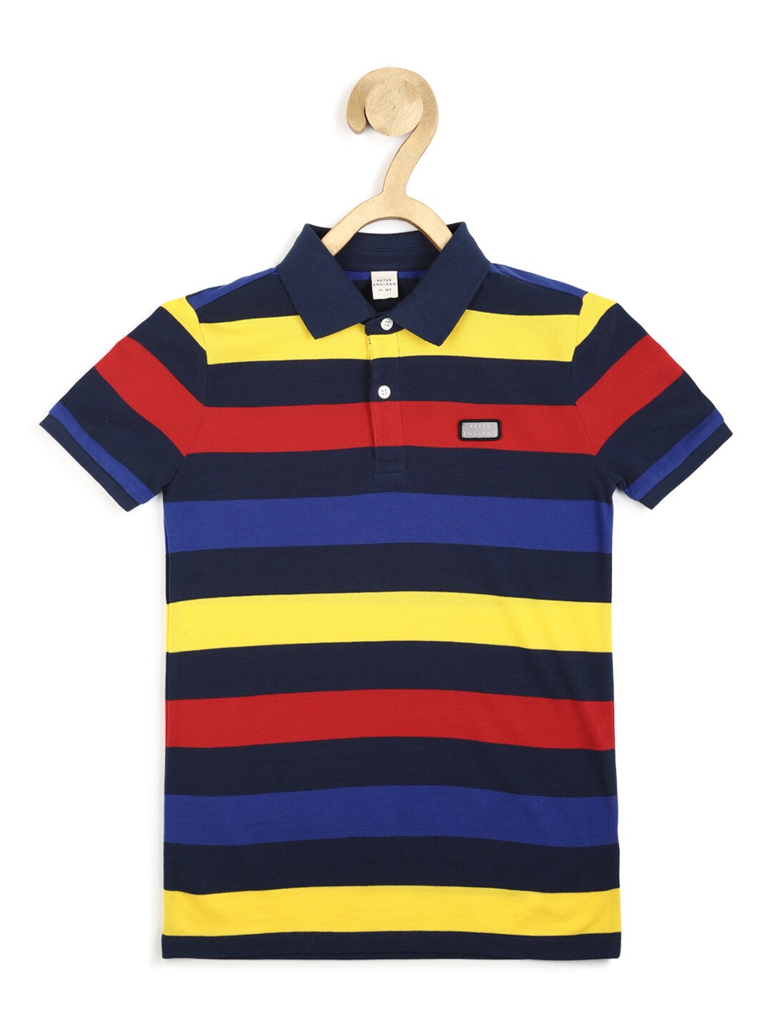 

Peter England Boys Navy Blue & Red Striped Polo Collar Cotton T-shirt