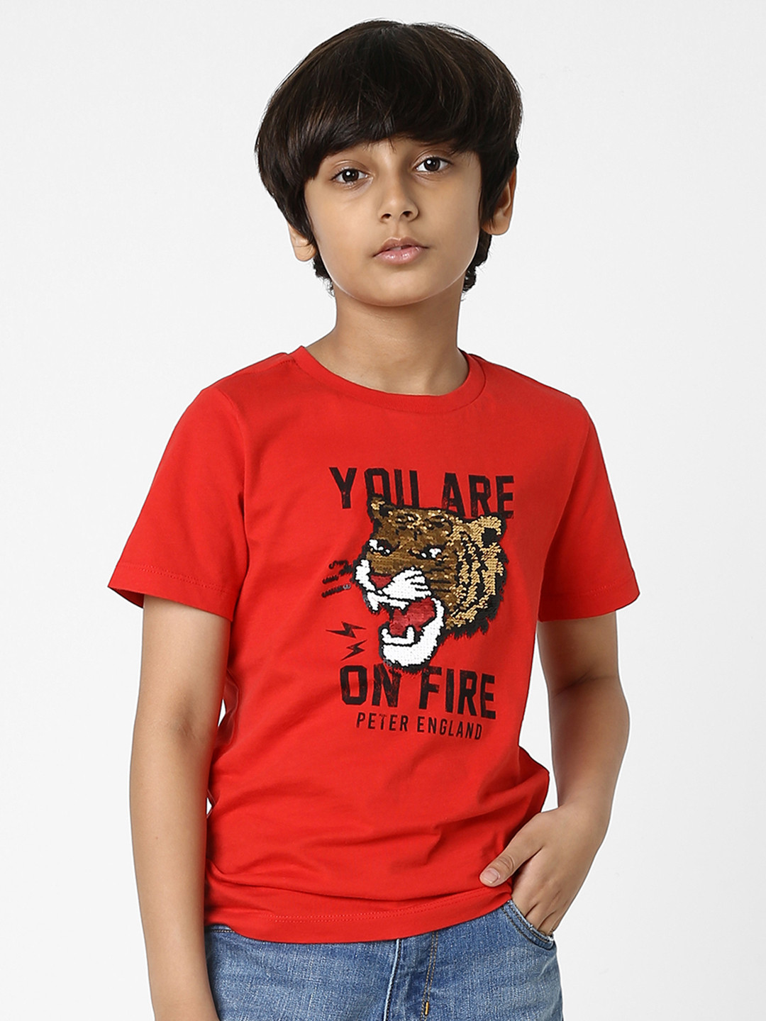

Peter England Boys Red & Black Typography Printed T-shirt