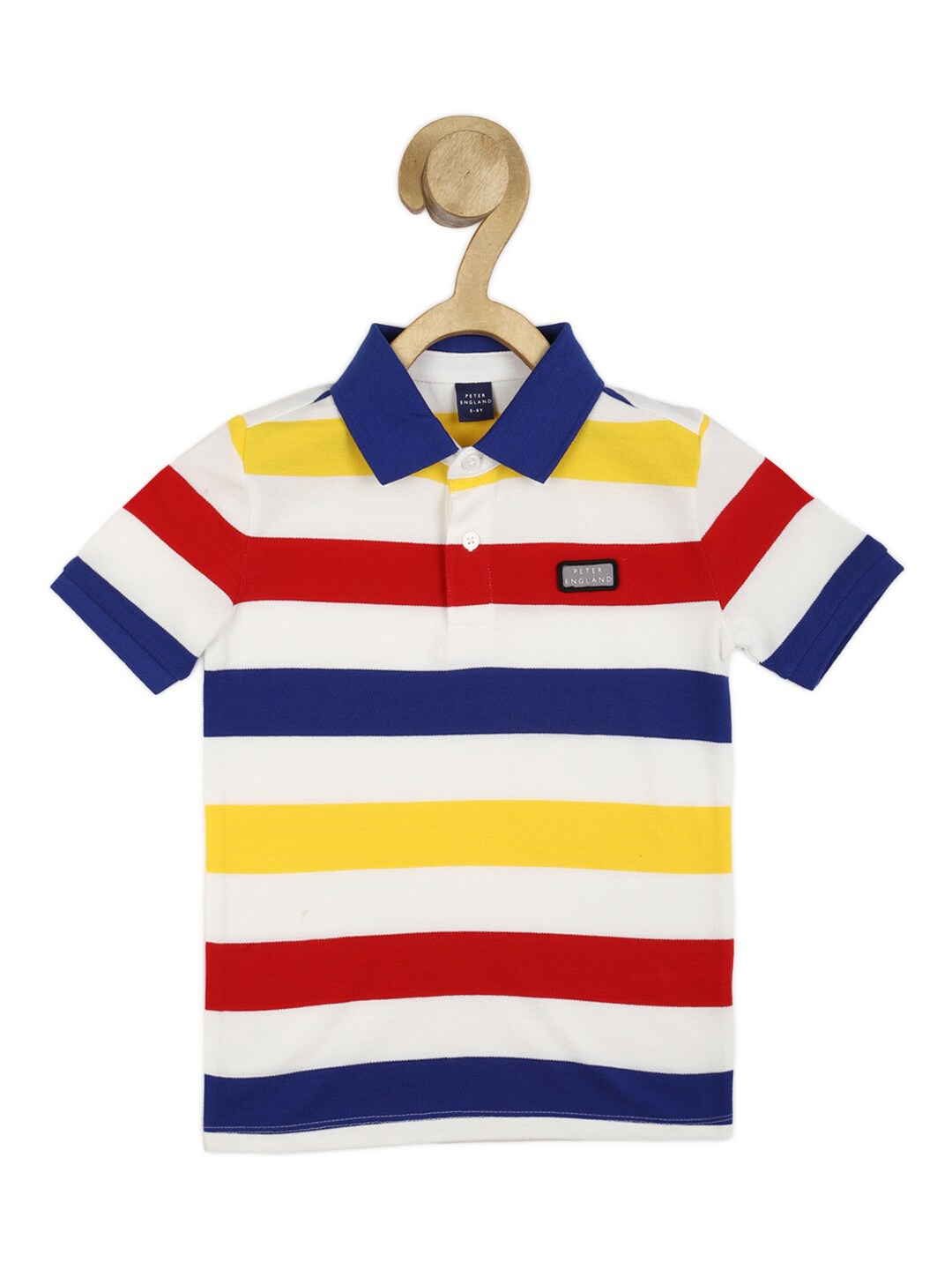 

Peter England Boys White & Blue Striped Polo Collar Pure Cotton T-shirt