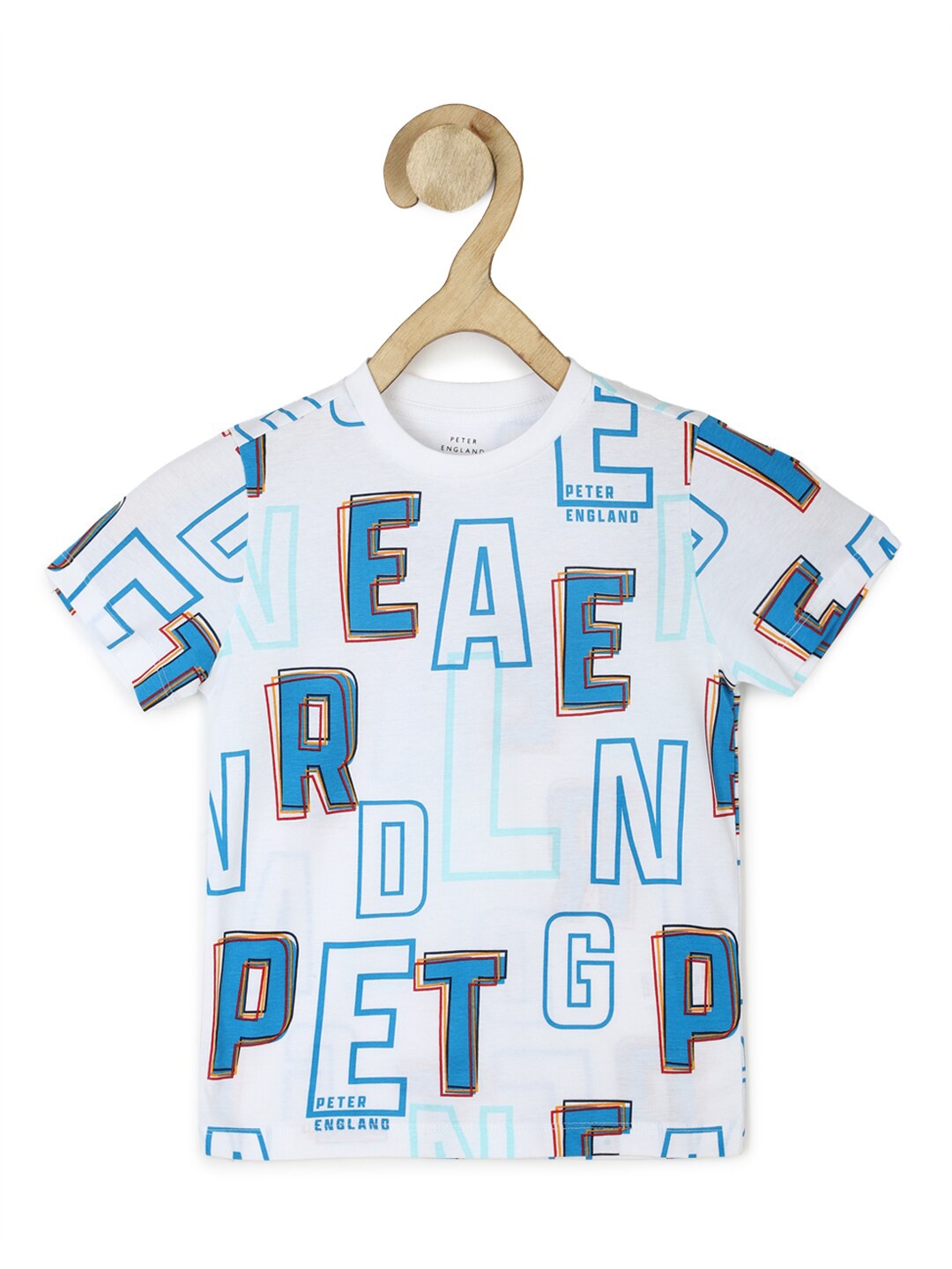 

Peter England Boys White & Blue Typography Printed Pure Cotton T-shirt