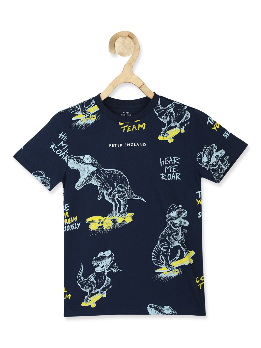 

Peter England Boys Navy Blue & Grey Printed Pure Cotton T-shirt